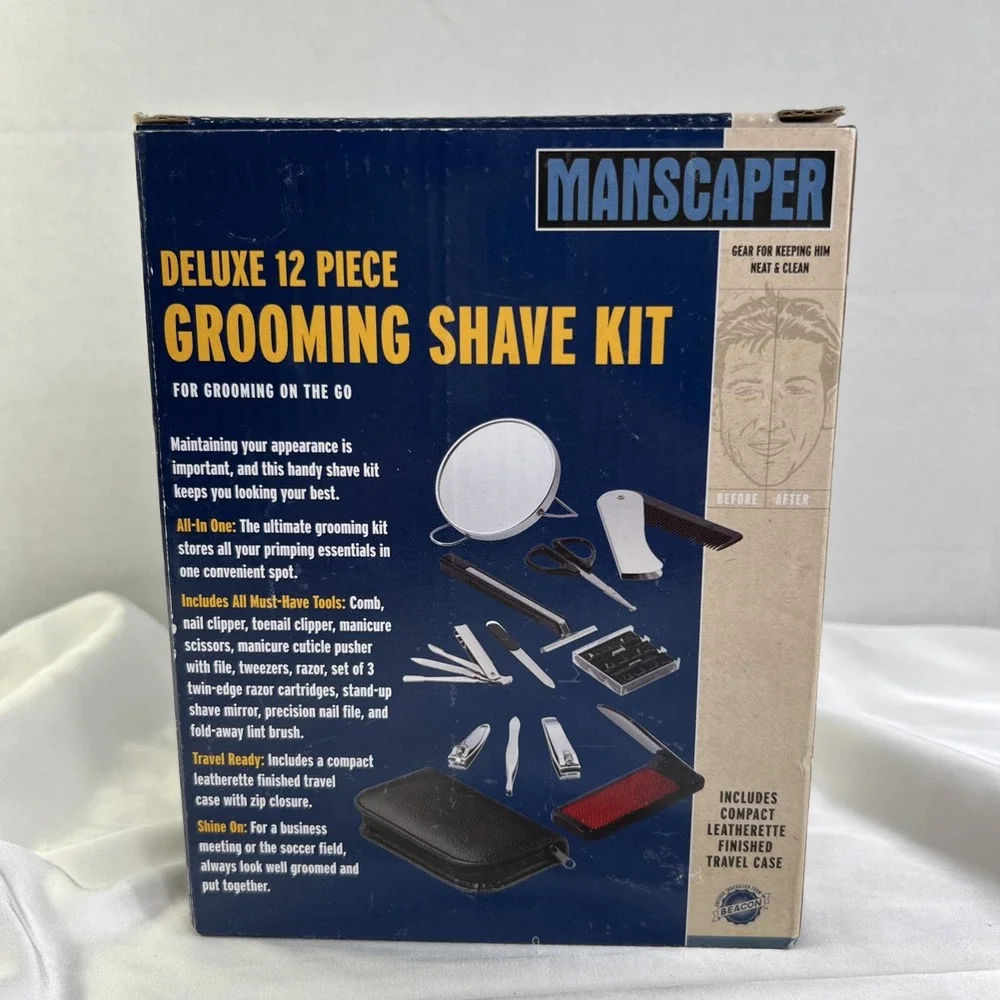 Manscaper Deluxe 12 Piece Grooming Shave‎ Kit For Grooming On The Go New New